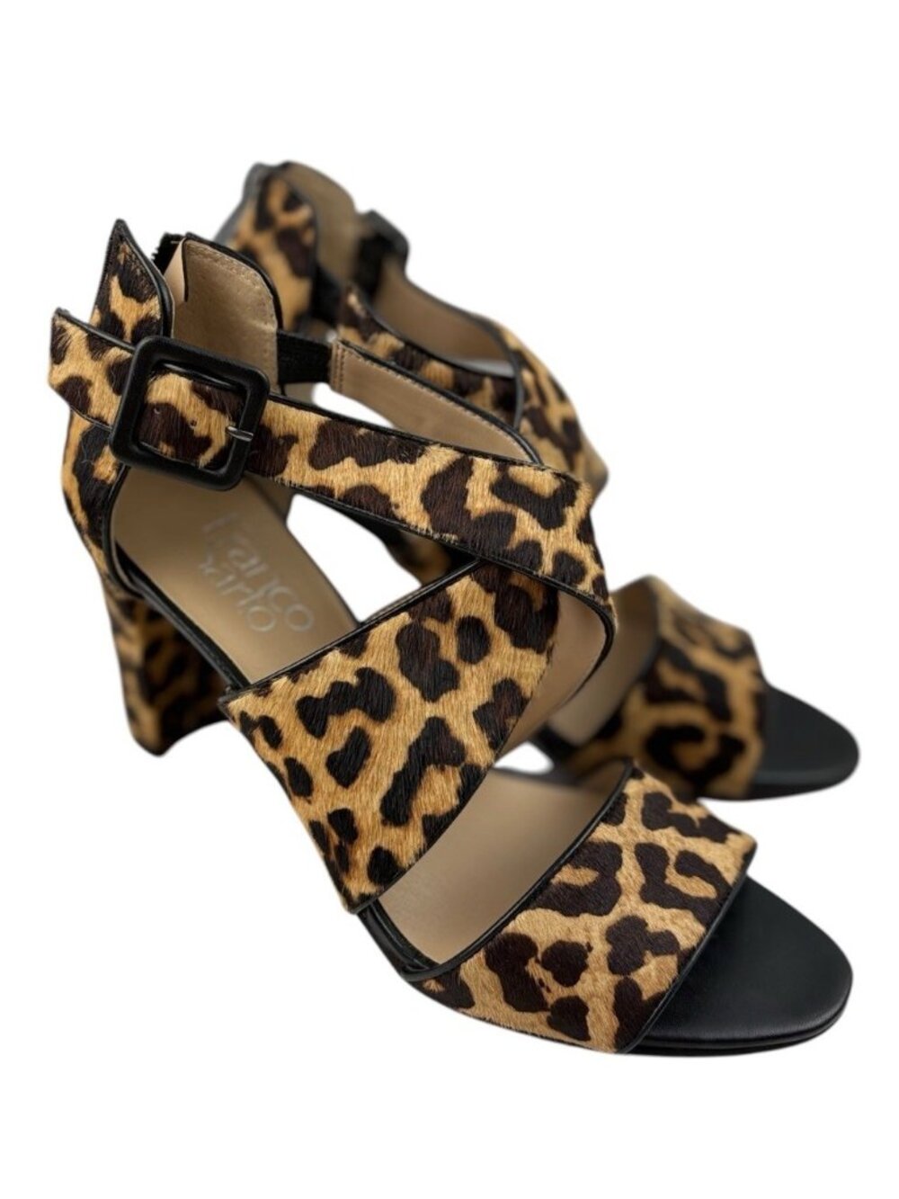 -Franco Sarto Hazelle 2 Leopard Print Strappy Sandal Heels Womens 7.5 Calf Hair